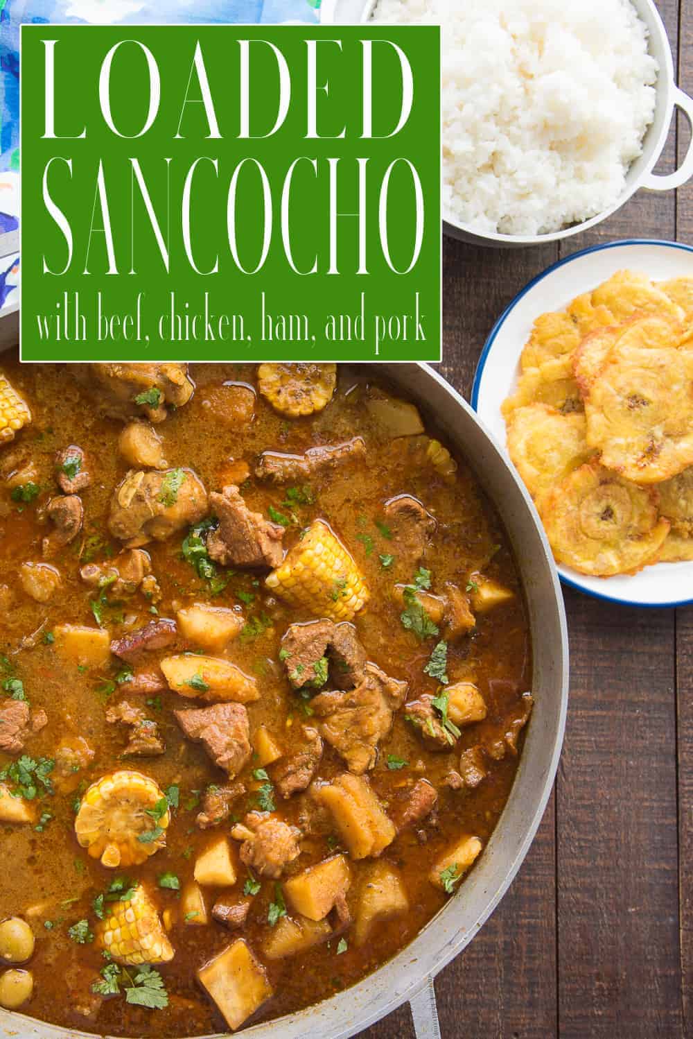 Sancocho is a true comfort stew beloved in many Latin American countries. This version is made with chicken, beef, ham, and pork and a variety of root vegetables. It's the sum of all the amazing recipes from around Latin America. #sancocho #stew #soup #sancochopuertorriqueño #Domincansancocho #PuertoRicanSancocho #meatandvegetablestew #soup #heartystew #dinner #entree #LatinAmerican #Hispanic #PuertoRicanRecipe #ColombianSancocho #onepotmeal #freezerfriendly #souprecipe #sancochorecipe via @ediblesense