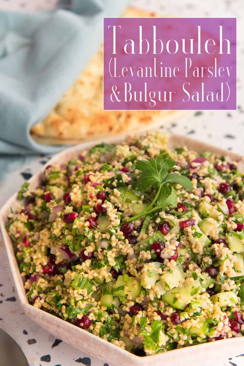 Tabbouleh is a Parsley and Bulgur Salad that originated in the Levant. It's a filling vegan dish that can be served as a side or as an entree. Serve it as is for a plant-based dish or add grilled chicken or seafood for a heartier meal. #tabbouleh #bulgur #parsely #MiddleEastern #Levantine #Meditteranean #cooking #bulgurrecipe #tabboulehrecipe #veganrecipe #vegetarianrecipe via @ediblesense