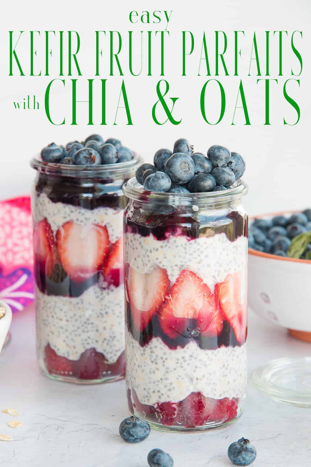 Chia Oats Fruit Parfaits are a make-ahead breakfast recipe that is easily customizable. It's a filling, kefir-based breakfast that's great for meal planning. #chiaseeds #overnightoats #fruit #fruitparfaits #easybreakfast #breakfast #makeahead #mealplanning #berries #kefir #yogurt #chiapudding via @ediblesense