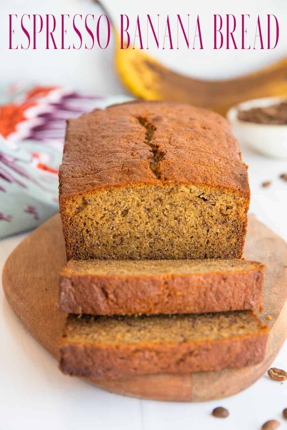 Banana Bread with Espresso gives you breakfast with a buzz. The mild bitterness of espresso cuts through the ripe sweet banana bread and creates a complex, yet comforting breakfast bread that your whole family will love. Moist and tender, this banana bread will soon become your favorite way to enjoy the recipe. #bananabread #bananabreadrecipe #coffee #espresso #baking #bakingbread #breadrecipe #quickbread #muffin #bananamuffins #breakfast #freezerfriendly #makeaheadrecipe via @ediblesense