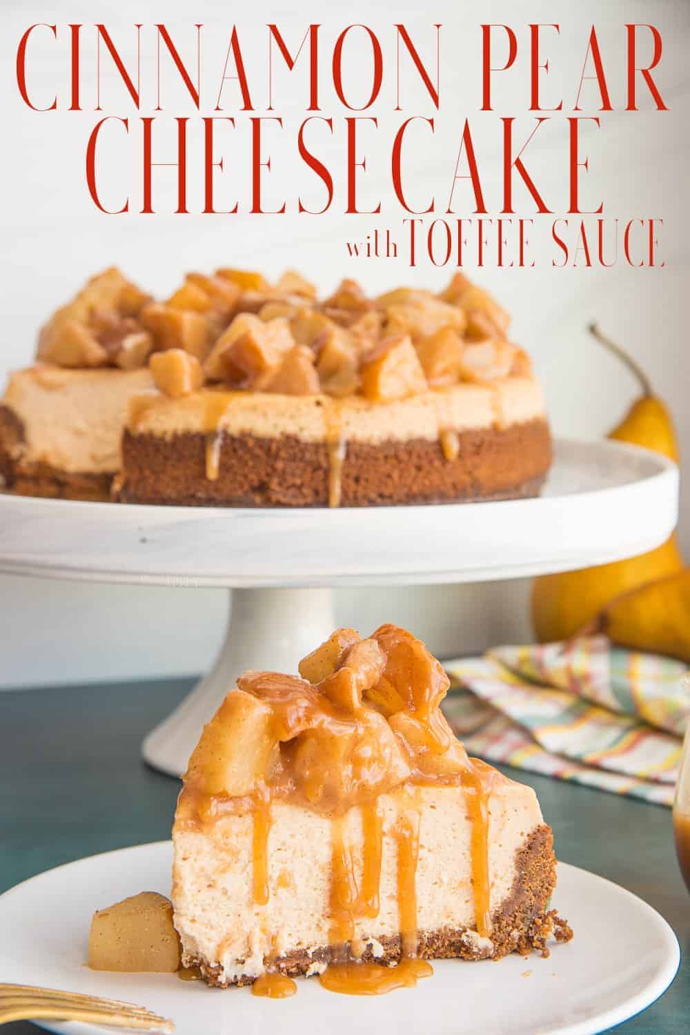 Cinnamon Pear Cheesecake has a gingersnap crust that holds a warmly spiced cheesecake batter. Its fresh pear topping adds even more lovely spice flavors. It taste great with my Spiced Toffee Sauce, but just as good without it. #cinnamoncheesecake #pearcheesecake #bakingwithpears #boscpearrecipe #cheesecakerecipe #toffeesauce #dessert #gingersnaprecipe #sweets #cheesecake  via @ediblesense