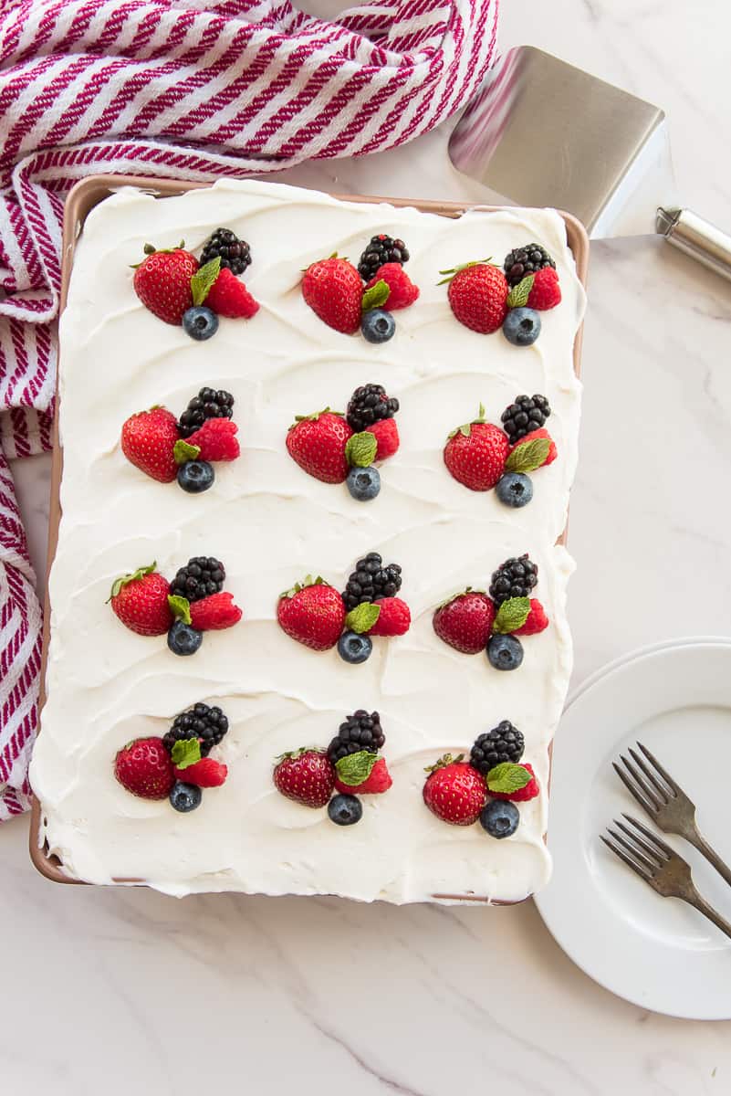 The Berry Tiramisu is garnished with fresh berries and small mint leaves in its pan.
