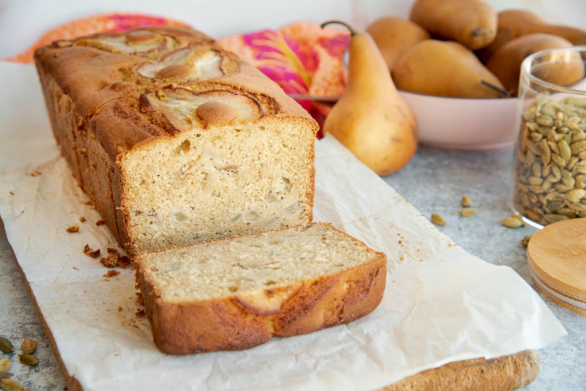 Front shot of the interior of a sliced loaf of Pear Cardamom Bread.