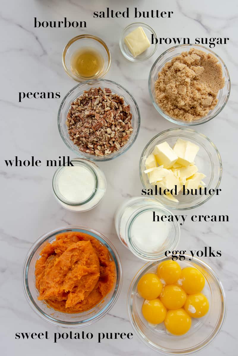 The ingredients needed to make the Sweet Potato Butter Pecan Frozen Custard