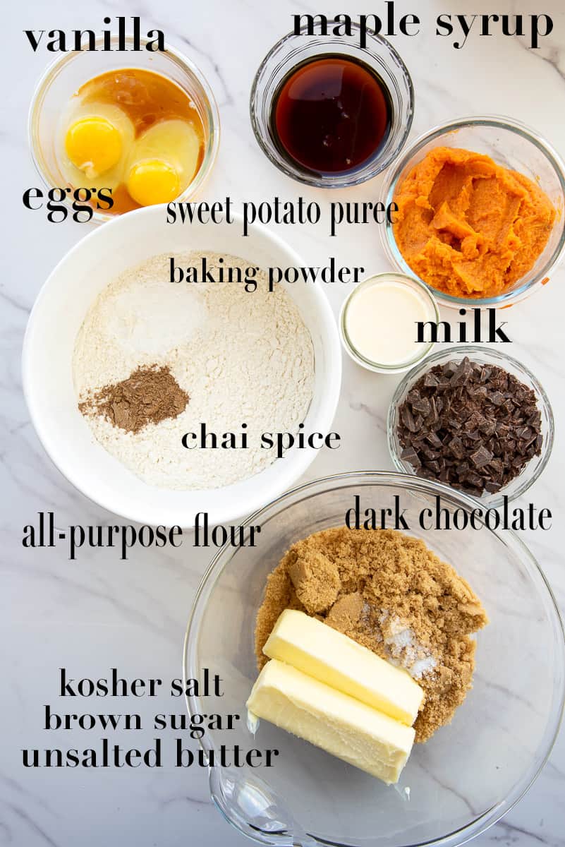 Ingredients needed for Sweet Potato Muffins with Chocolate Chunks labeled on a white counter.