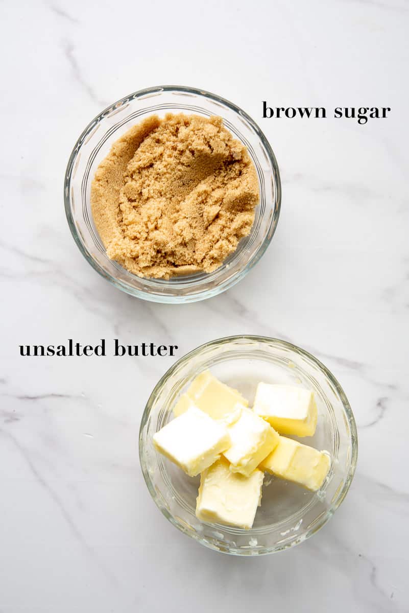 The ingredients to make the brown sugar topping are labeled on a white countertop.
