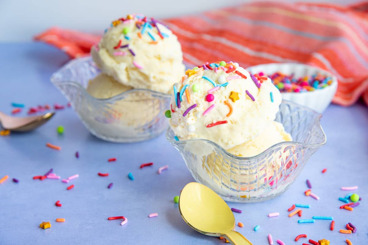 Vanilla frozen custard scoops in a glass waffle dessert bowl with rainbow colored sprinkles on top.