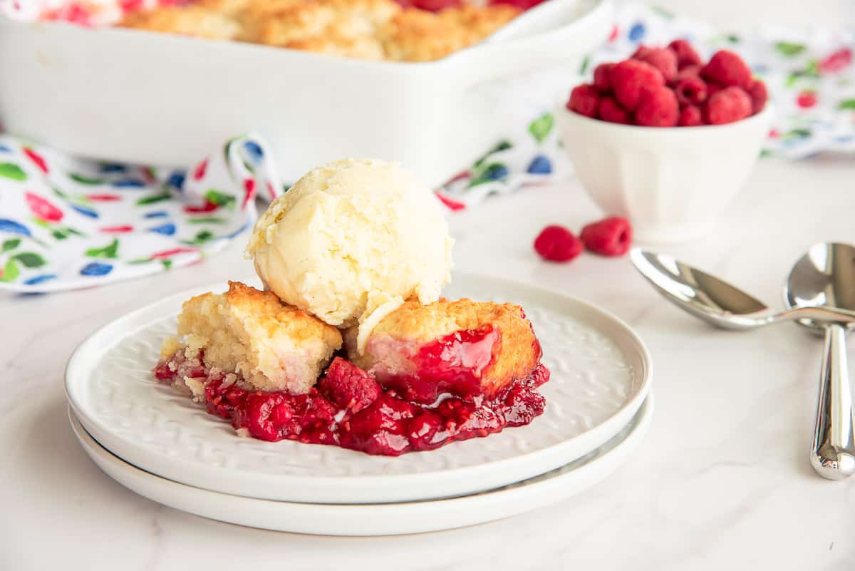A serving of raspberry cobbler with a scoop of vanilla Frozen Custard on top.