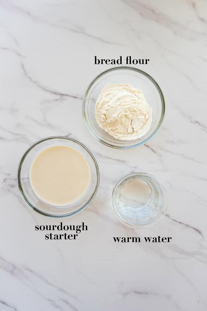 The ingredients needed to make the sourdough sponge on a white countertop are labeled with black text.