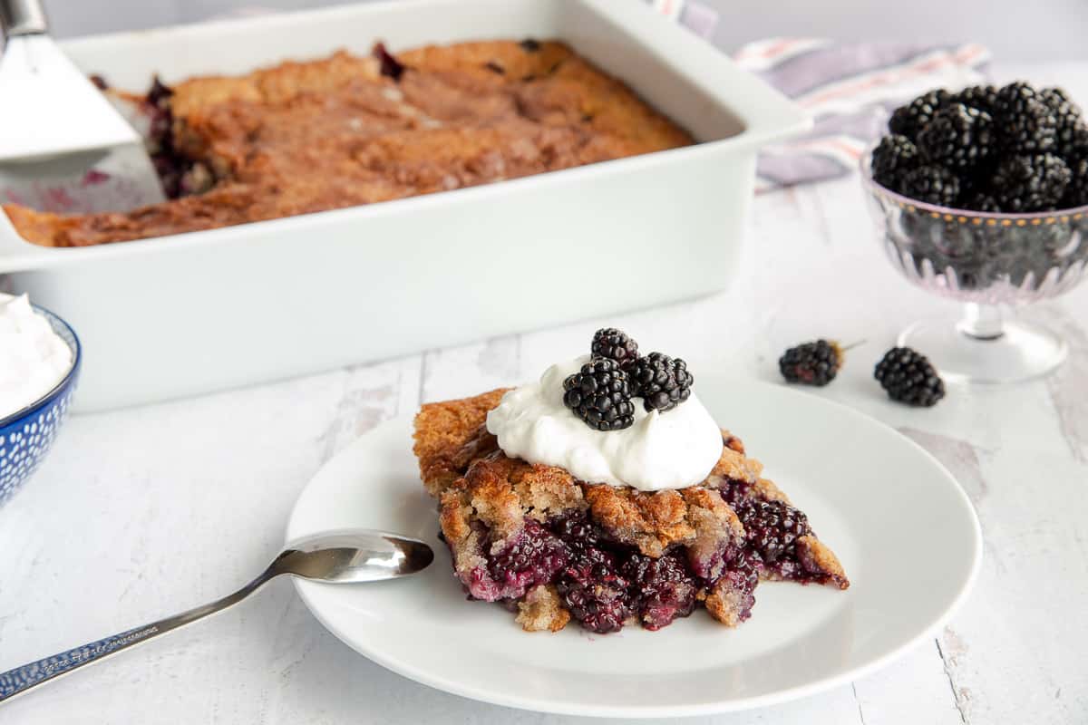 Blackberry cobbler on a white plate garnished with whipped cream and blackberries in front of a white baking dish.
