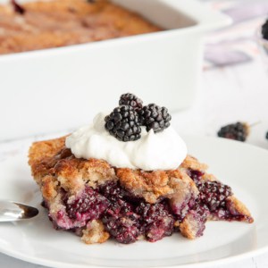 A serving of Blackberry Cobbler on a white dessert plate in front of its baking dish.