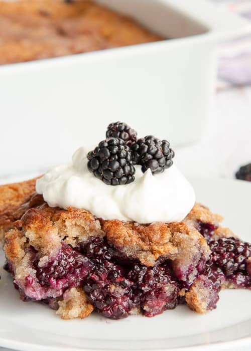 A serving of Blackberry Cobbler on a white dessert plate in front of its baking dish.