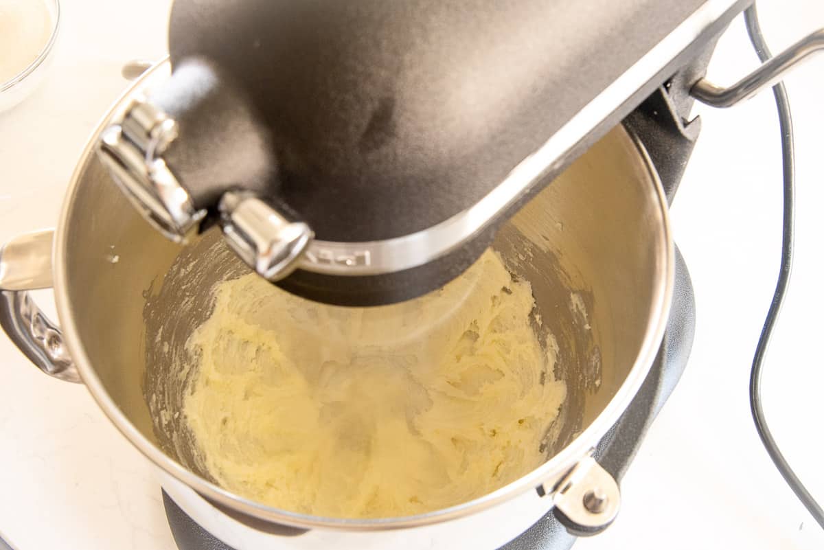 The sugar and butter are whipped until light and fluffy in the bowl of a stand mixer.