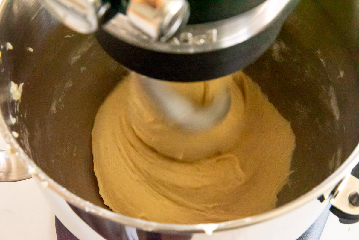 The dough is mixed in the bowl of a stand mixer with a dough hook attachment.