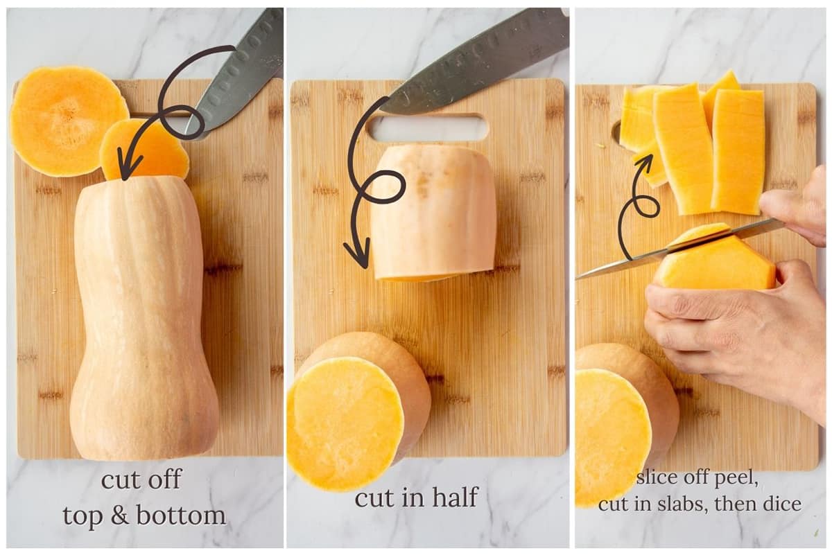 An infographic of how to properly cut the butternut squash.