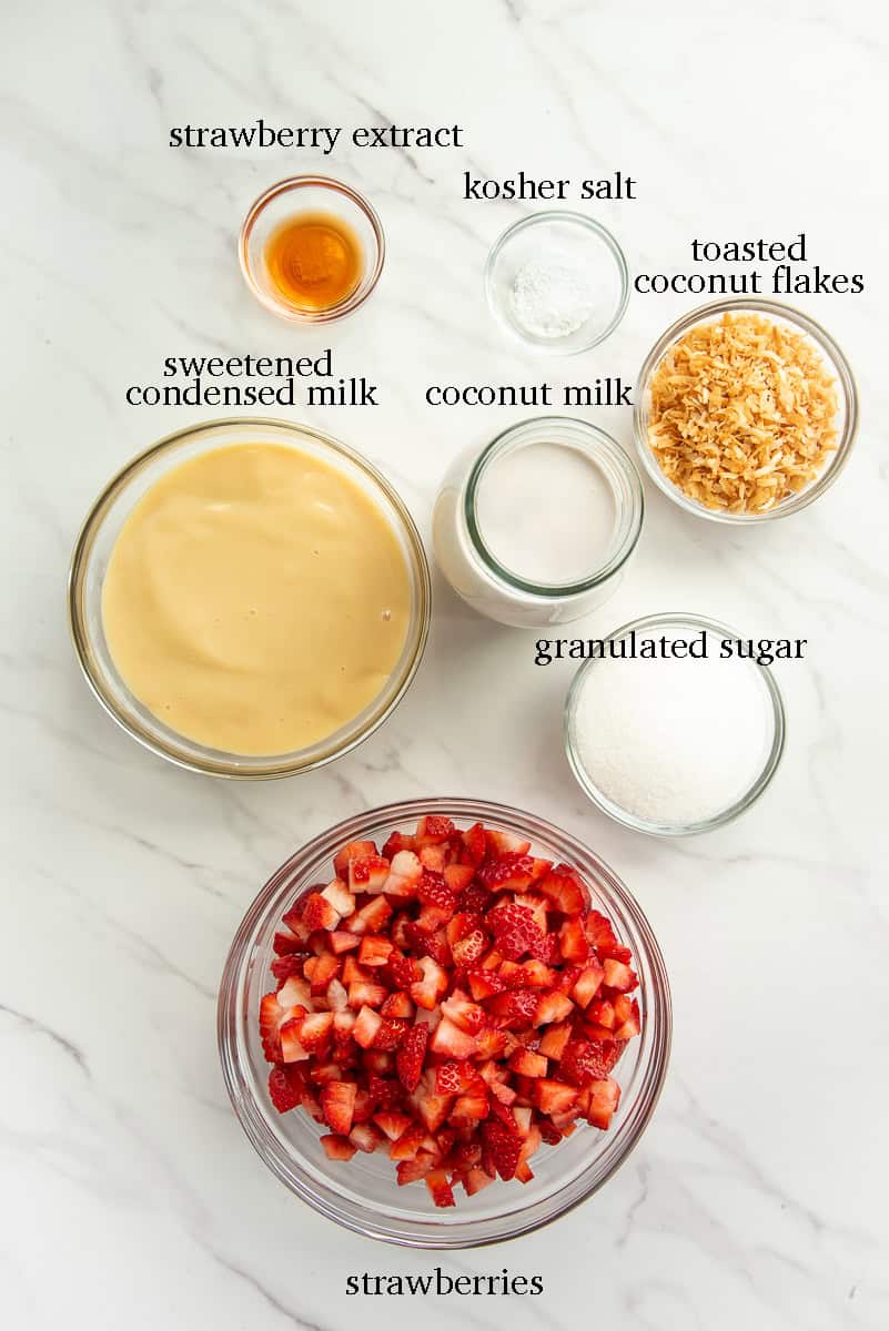 The ingredients for making the recipe are on a white countertop labeled with black text.