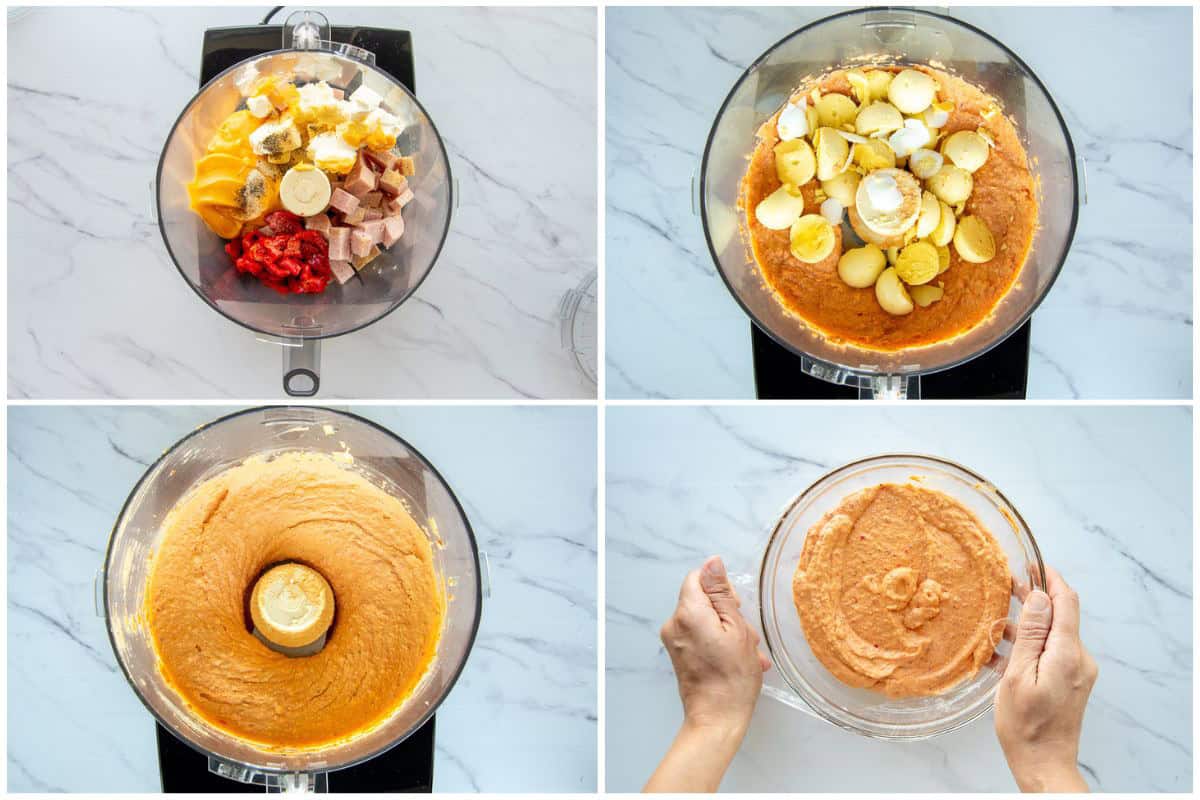 A collage demonstrates the process of adding the filling ingredients to a food processor to the filling in a bowl being covered with plastic wrap.