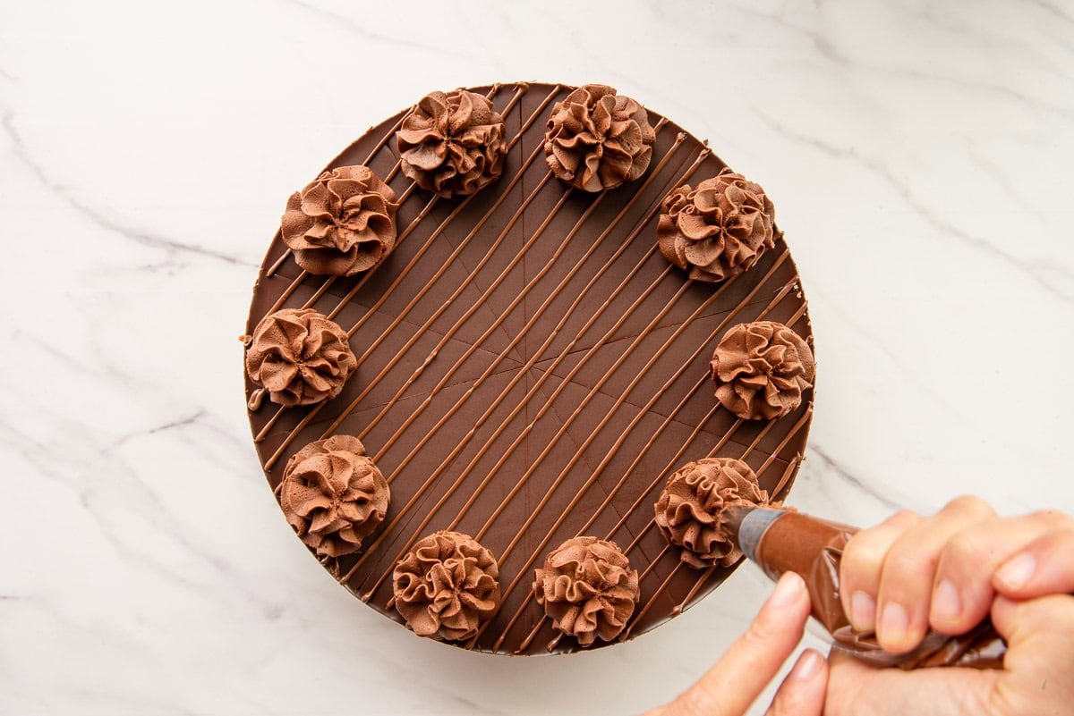 Piping a rosette of whipped chocolate ganache onto the cheesecake.